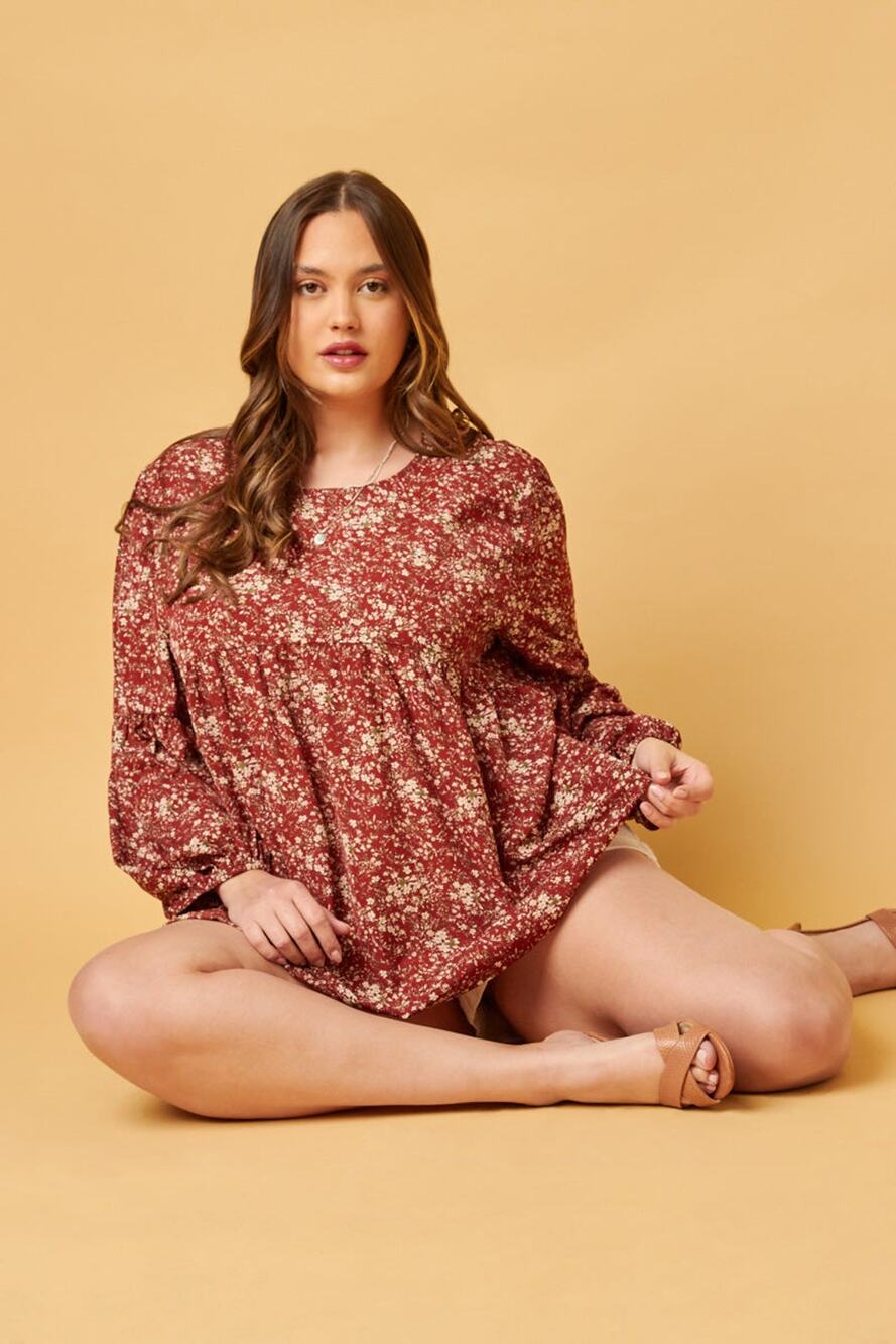 HAYDEN Kristie Plus Burgundy Floral Puff Sleeve Babydoll Top 3XL